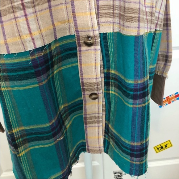 Easel Mix Plaid Button Down Oversized Thermal With Hood In Khaki. NWT! Sz S - Picture 6 of 11